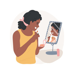 Online makeup tutorial isolated cartoon vector illustration. Teenage girl watching makeup tutorial, apply cosmetics, online video, looking at beauty mirror, beauty vlog vector cartoon.