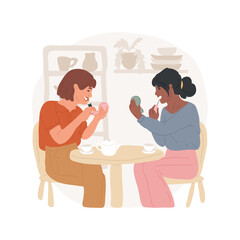 Fixing makeup in a coffee shop isolated cartoon vector illustration. Teenage girls putting on makeup in cafe, fixing lipstick after coffee, teens painting lips in coffee shop vector cartoon.