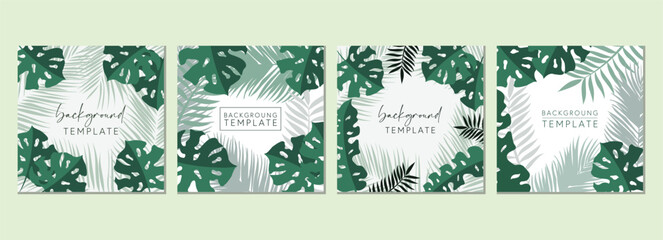 Abstract set of square templates with tropical leaves and geometric shapes. Good for social media posts, mobile apps, banner designs and online promotions. Tropical vector background collection.