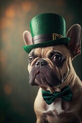 St. Patrick's day bulldog with leprechaun hat and bow