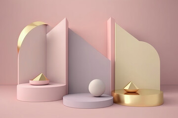 Product display podium with platform, geometric shapes, pink and gold