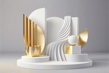Product display podium with platform, gold geometric shapes on white