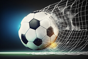 Soccer ball scores a goal on the net d rendering, Generative AI	