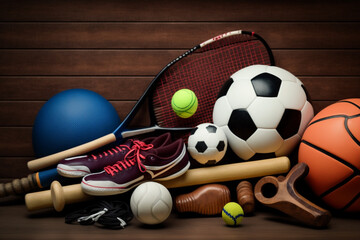 Sports equipment on wooden background, Generative AI