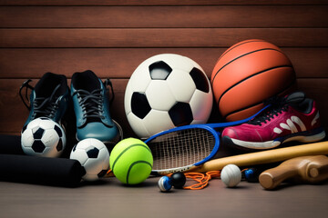 Sports equipment on wooden background, Generative AI	
