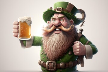 Cartoon leprechauns with the glass of Irish green ale isolated on white background