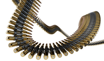 bullets in ammo belt 3d rendered illustration - obrazy, fototapety, plakaty