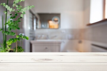 Empty wooden desk for display on room background