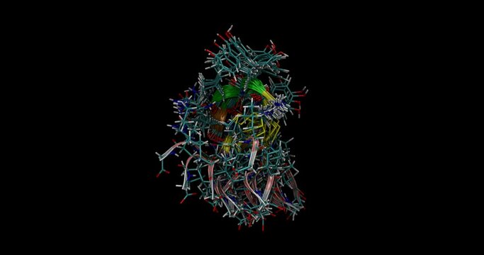 Oxytocin, human peptide hormone NMR structure (movement in water), 3D molecule spinning 4K