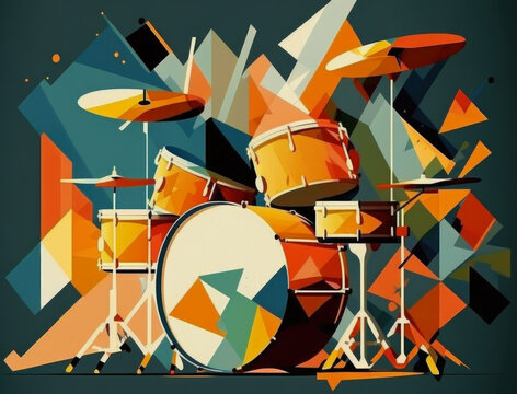 Colorful, geometric collage of an abstract drum set. Illustration created with Generative AI technology.   