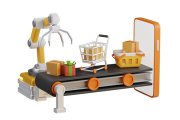 The production line leaves the smartphone and the robot arm. Robot Arm Manage On The Screen Of Smartphone is sorting e-commerce goods. 3D Illustration