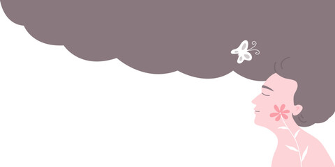 Silhouette of smiling man with managing his stress or depress, mental health concept. Flat vector illustration banner.