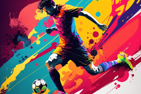 Colorful abstract illustration of a man playing soccer, Generative AI	