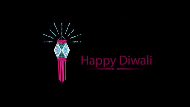 happy diwali text with Lantern loop Animation video transparent background with alpha channel.