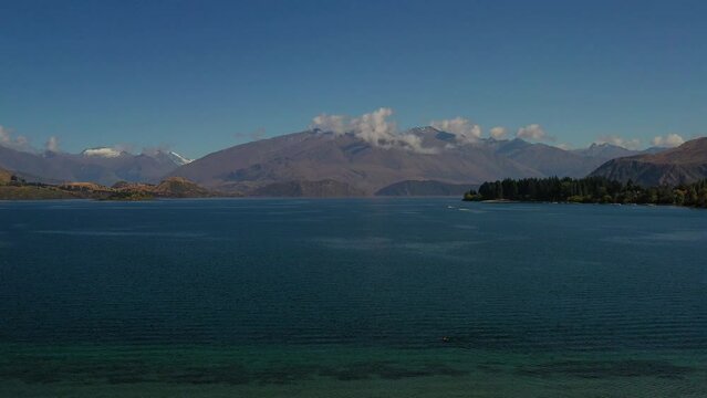 Aerial, drone shot of Wanaka, Lake Wanaka. Touristic destination in New Zealand.