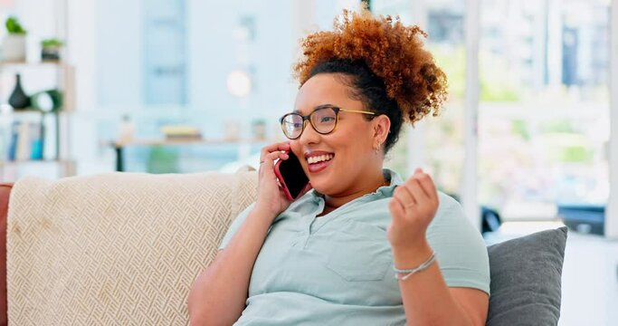 Phone call, laughing and black woman talking on sofa, chatting or speaking to contact. Technology, cellphone or female in living room with mobile smartphone for comic discussion or funny conversation