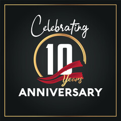 10th year anniversary celebration logo with elegance  
golden ring and white color font numbers isolated vector design