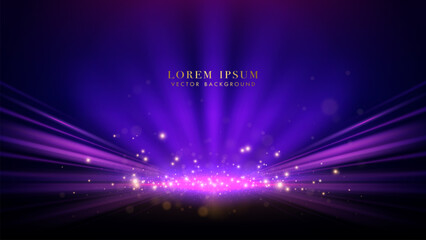 Purple rays and pink light beame with glitter light, sparkle glowing shiny dots effect, and bokeh decoration. Vector background