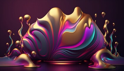Abstract 3D Holographic Iridescent Render Design for Background Wallpaper, Banner, Poster or Cover with Fluid Organic Wave and Glass Colorful Gradient Material, generative ai