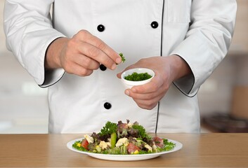 food cooking, professional male chef serving plate