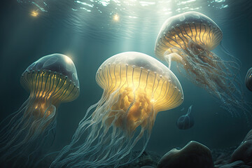 jellyfish under water created with Generative AI technology