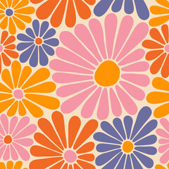 Groovy Daisy Flowers Seamless Pattern. Floral Vector Background in 1970s Hippie Retro Style - 579197532