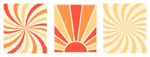 A set of retro banners of the 60s, 70s, 80s. Sunset, background in light, warm colors. Vintage vector illustration. The effect of battered old paper.