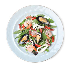Plate of delicious salad with seafood isolated on white, top view