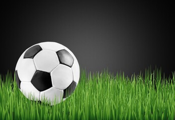 Official Football Ball on green grass at stadium