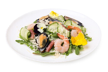 Plate of delicious salad with seafood isolated on white