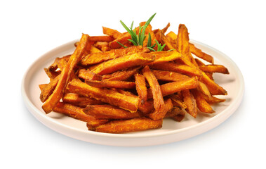 Plate with delicious sweet potato fries on white background
