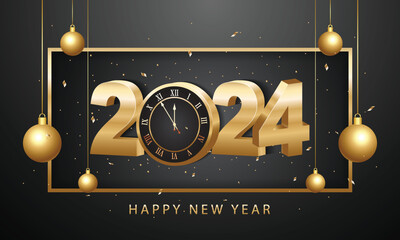 Happy new year 2024. 3d gold numbers with golden Christmas decoration and confetti on dark  background. Holiday greeting card design.