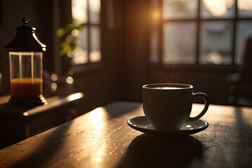Fototapeta premium cup of coffee in warm sunlight created with Generative AI technology