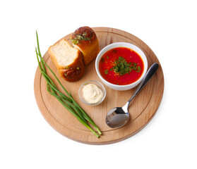 Delicious borsch served with pampushky isolated on white. Traditional Ukrainian cuisine