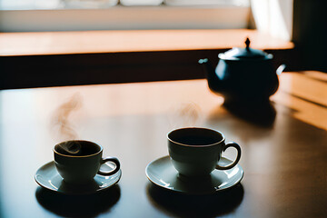 The simplicity of a hot cup of coffee on a table with a pot nearby. This scene creates a warm and inviting atmosphere, perfect for kicking back and relaxing. Created by Artificial Intelligence.