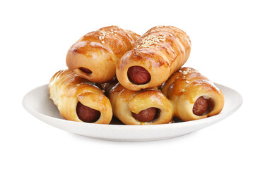 Plate with delicious sausage rolls isolated on white