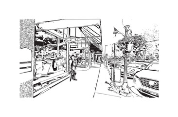 Building view with landmark of Prescott is a city in central Arizona. Hand drawn sketch illustration in vector.