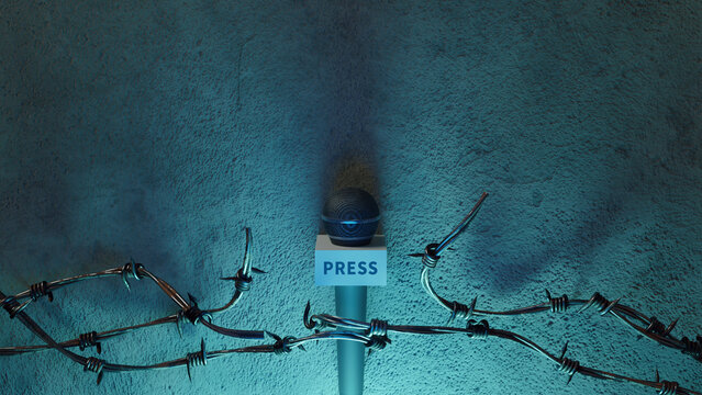 A reporter's microphone at a press conference, through barbed wire. 3d rendering