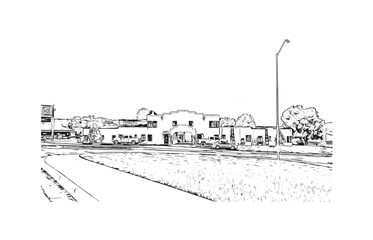 Building view with landmark of Prescott is a city in central Arizona. Hand drawn sketch illustration in vector.