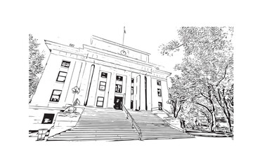 Building view with landmark of Prescott is a city in central Arizona. Hand drawn sketch illustration in vector.