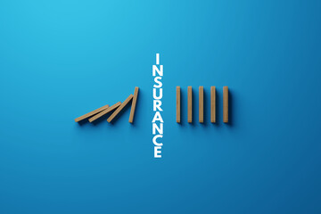 Falling dominoes, interrupted by the inscription INSURANCE. The concept of insurance, safety for people and personal goods, collapse protection. 3D render, 3D illustration.