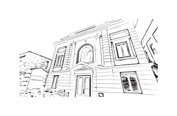 Building view with landmark of Prescott is a city in central Arizona. Hand drawn sketch illustration in vector.