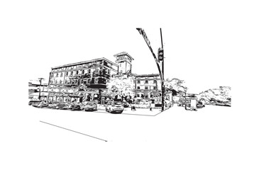 Building view with landmark of Prescott is a city in central Arizona. Hand drawn sketch illustration in vector.