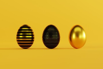 Golden eggs, Easter eggs. Easter concept and holiday traditions. 3D render, 3D illustration.