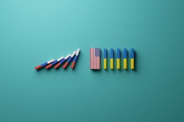 Dominoes with the flag of Russia and the flag of Ukraine, where Russia's bricks are held back by the US flag. The concept of war caused by Russia, Russia's aggression in Ukraine. 3D render.