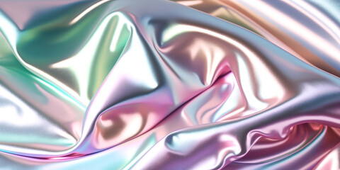 Fototapeta premium Abstract colorful smooth wavy elegant holographic silk cloth texture design, dynamic shiny luxury metallic satin fabric wave background, Ai generated