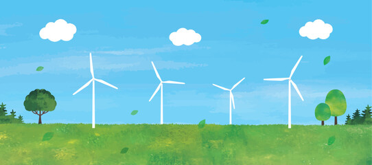 風車による風力発電と草原と山の景色水彩画横長 - obrazy, fototapety, plakaty