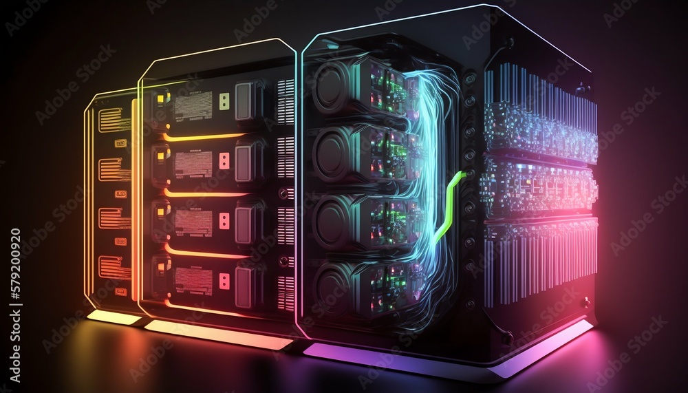 Poster data center and computer servers with information background. generative ai