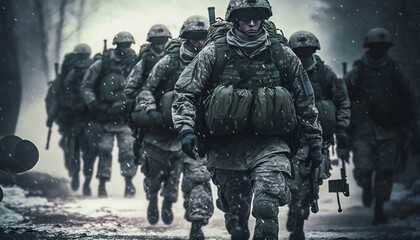 Special forces soldiers go to military operation. Generative AI