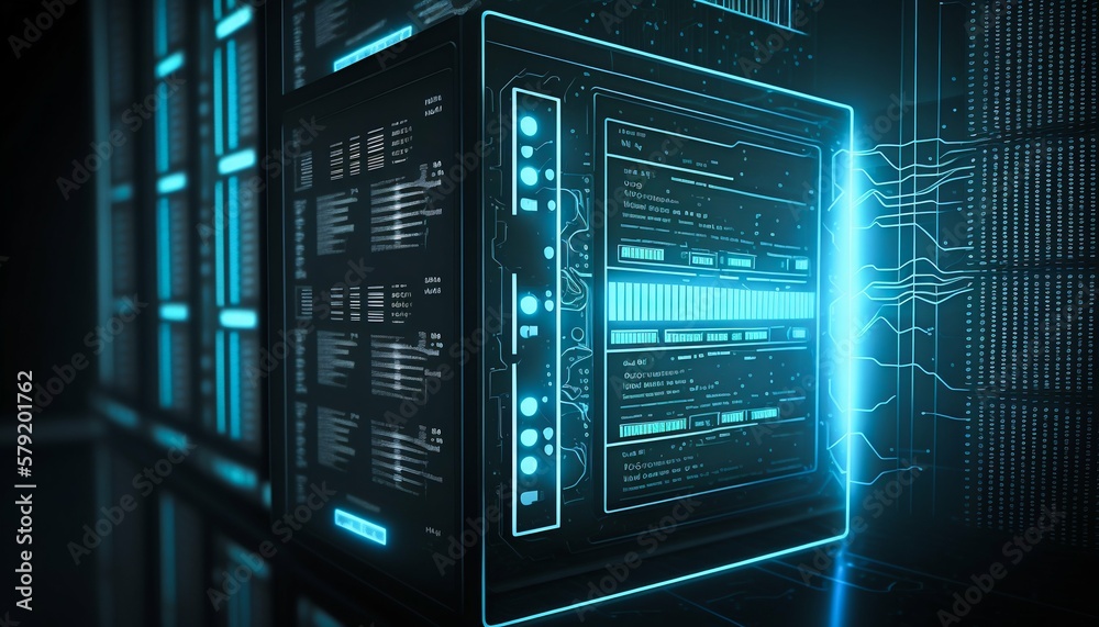 Poster data center and computer servers with information background. generative ai